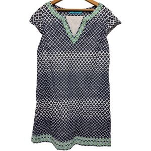 Tori Richard Women Navy White Geometric Print V Neck Short Sleeve Dress‎ Size 14